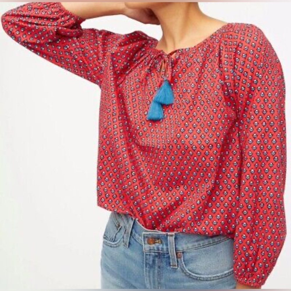 NWT JCREW floral cotton raglan peasant top tassels size medium